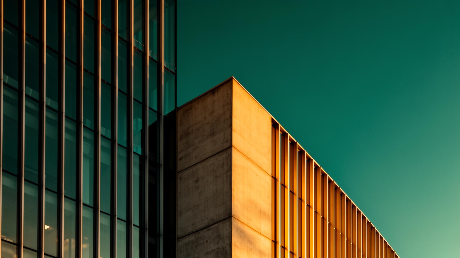 Modern architectural facade with golden light